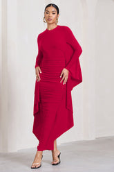 Red Long Sleeve Ruched Maxi Dress with Cape Detailing
